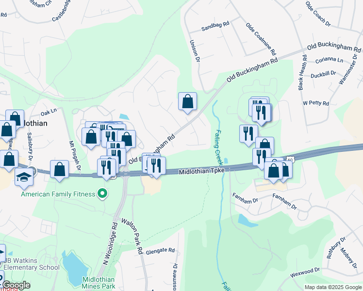 map of restaurants, bars, coffee shops, grocery stores, and more near 12710 Mill Lock Terrace in Midlothian