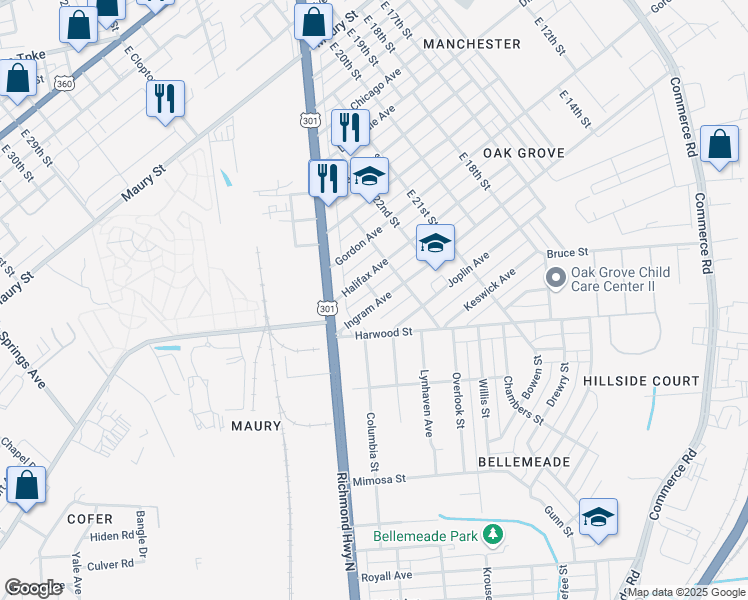 map of restaurants, bars, coffee shops, grocery stores, and more near 2401 Ingram Avenue in Richmond