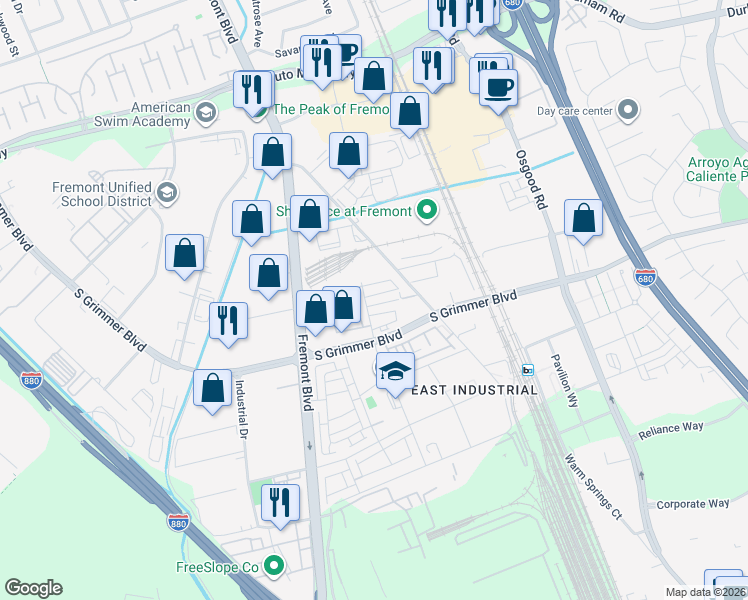 map of restaurants, bars, coffee shops, grocery stores, and more near 3465 Inspiration Way in Fremont