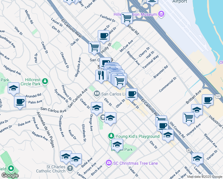 map of restaurants, bars, coffee shops, grocery stores, and more near 700 Walnut Street in San Carlos