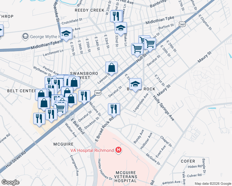 map of restaurants, bars, coffee shops, grocery stores, and more near 3514 Decatur Street in Richmond