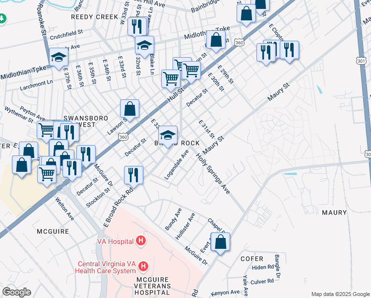 map of restaurants, bars, coffee shops, grocery stores, and more near 3201 Logandale Avenue in Richmond