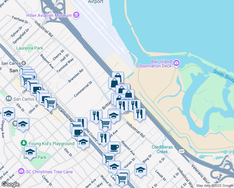 map of restaurants, bars, coffee shops, grocery stores, and more near 832 Brittan Avenue in San Carlos