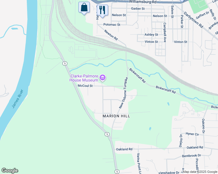 map of restaurants, bars, coffee shops, grocery stores, and more near 909 McCoul Street in Richmond
