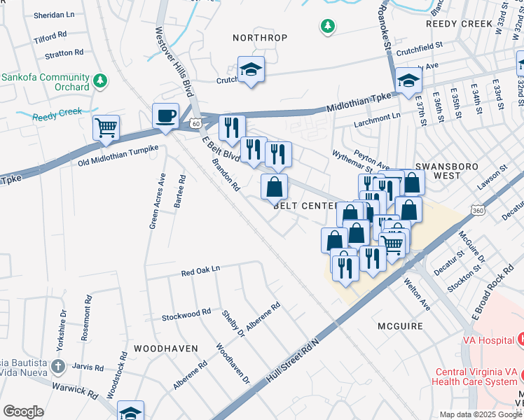 map of restaurants, bars, coffee shops, grocery stores, and more near 223 Brandon Road in Richmond