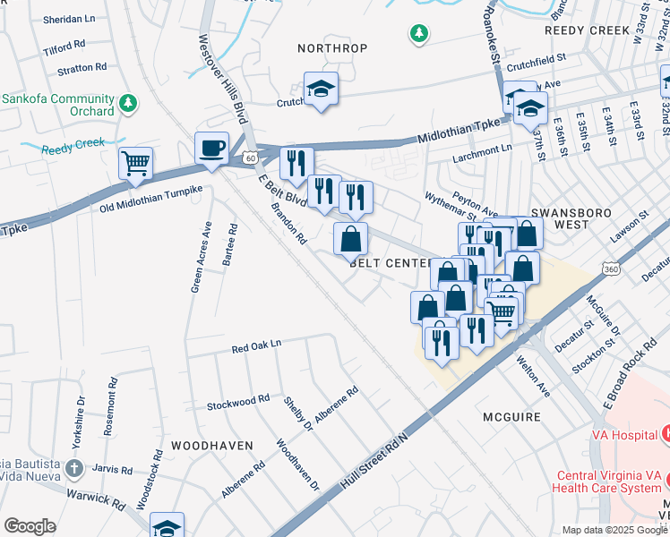 map of restaurants, bars, coffee shops, grocery stores, and more near 223 Brandon Road in Richmond