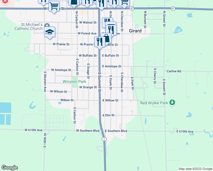 map of restaurants, bars, coffee shops, grocery stores, and more near 150 East Orange Street in Girard