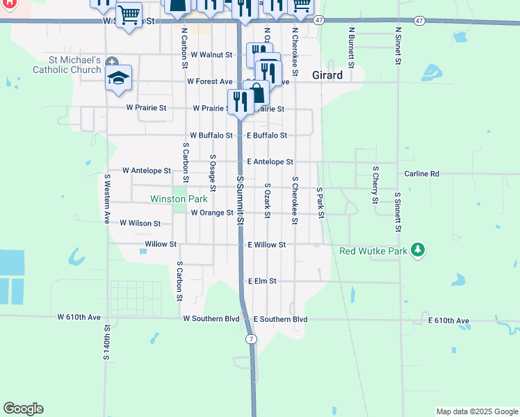 map of restaurants, bars, coffee shops, grocery stores, and more near 150-198 East Orange Street in Girard