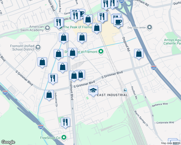 map of restaurants, bars, coffee shops, grocery stores, and more near 3465 Inspiration Way in Fremont