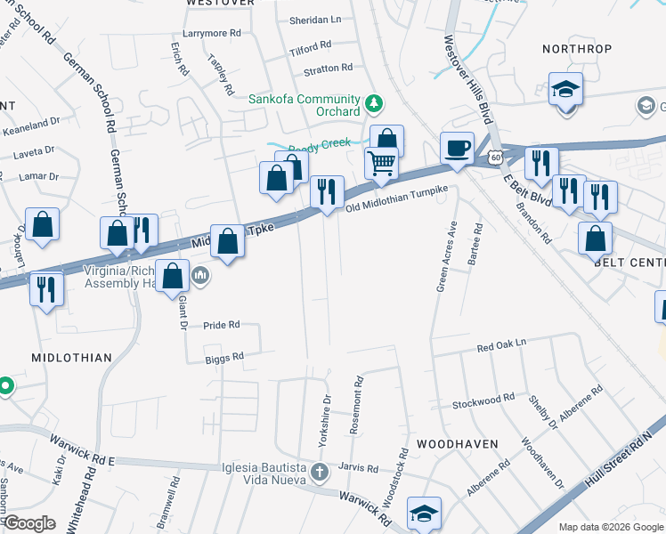 map of restaurants, bars, coffee shops, grocery stores, and more near 58 Rodman Road in Richmond