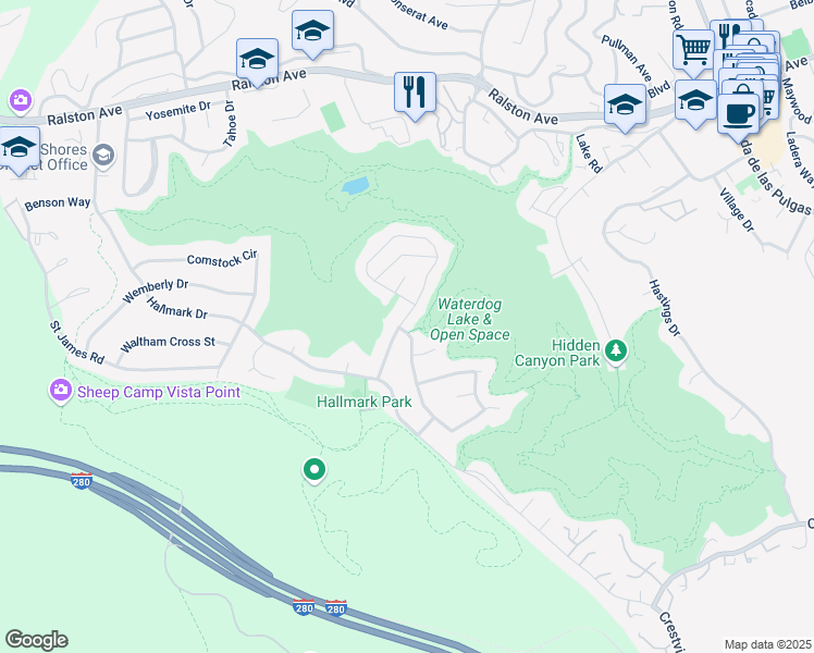 map of restaurants, bars, coffee shops, grocery stores, and more near 2640 Wakefield Drive in Belmont