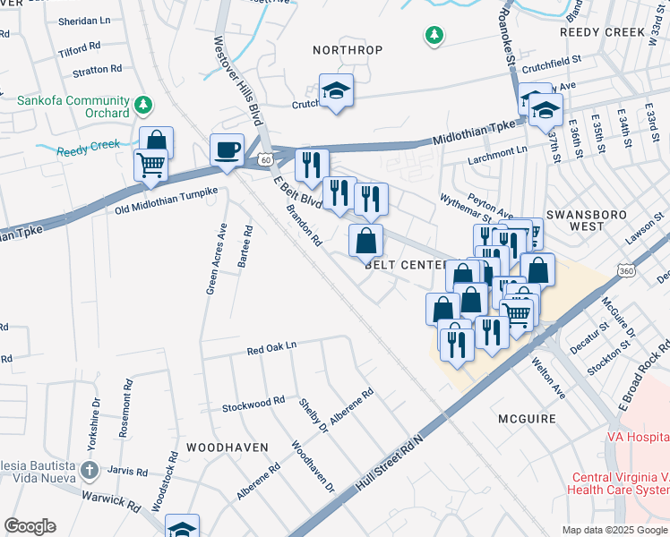 map of restaurants, bars, coffee shops, grocery stores, and more near 214 Brandon Road in Richmond