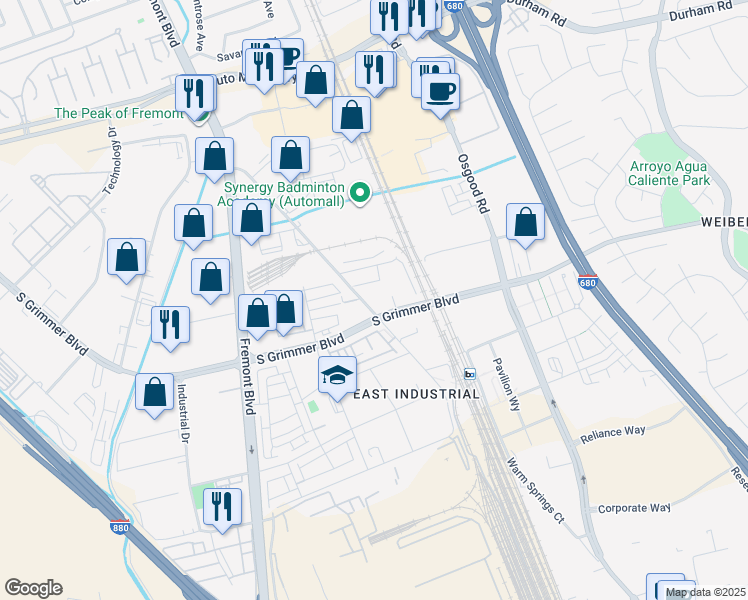 map of restaurants, bars, coffee shops, grocery stores, and more near 44762 Old Warm Springs Boulevard in Fremont
