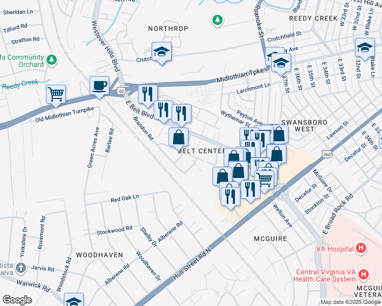map of restaurants, bars, coffee shops, grocery stores, and more near 309 Plazaview Road in Richmond