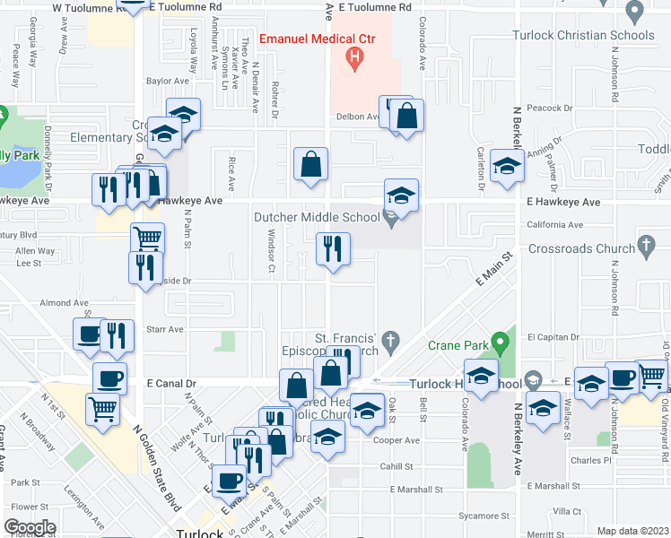 map of restaurants, bars, coffee shops, grocery stores, and more near 755 Wayside Drive in Turlock