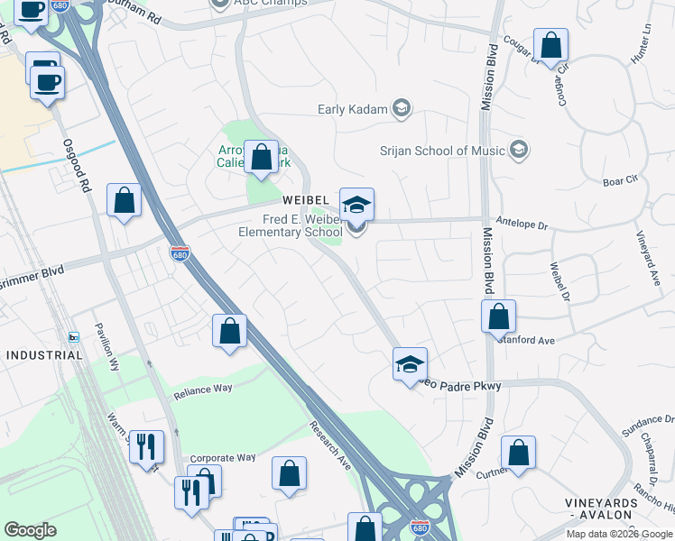 map of restaurants, bars, coffee shops, grocery stores, and more near 971 Umpqua Court in Fremont