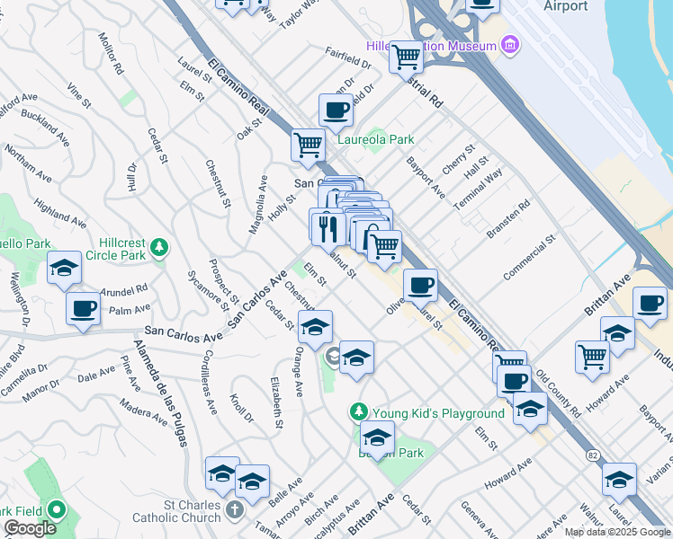 map of restaurants, bars, coffee shops, grocery stores, and more near in San Carlos