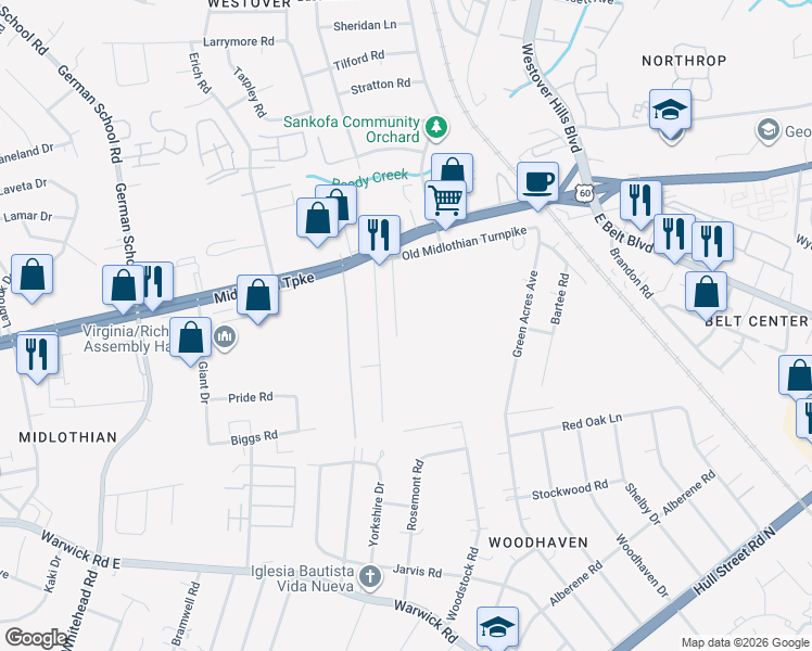 map of restaurants, bars, coffee shops, grocery stores, and more near 58 Rodman Road in Richmond