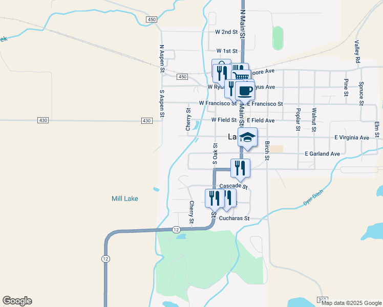 map of restaurants, bars, coffee shops, grocery stores, and more near 600 Cherry Street in La Veta