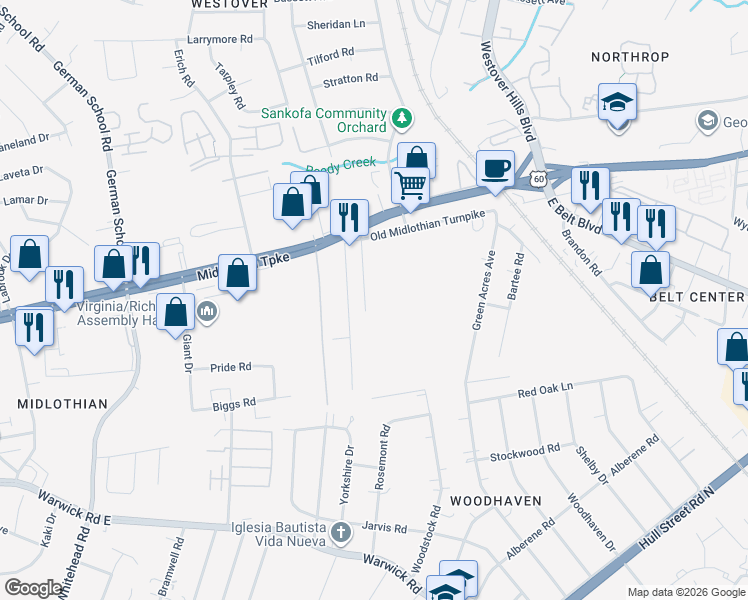 map of restaurants, bars, coffee shops, grocery stores, and more near 58 Rodman Road in Richmond
