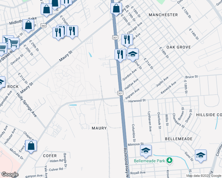 map of restaurants, bars, coffee shops, grocery stores, and more near 1100 Jefferson Davis Highway in Richmond