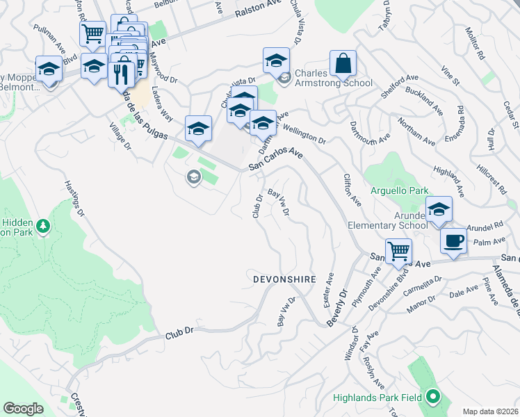map of restaurants, bars, coffee shops, grocery stores, and more near 70 Adam Court in San Carlos