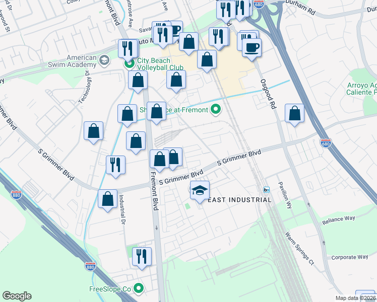 map of restaurants, bars, coffee shops, grocery stores, and more near 44601-44799 Old Warm Springs Boulevard in Fremont