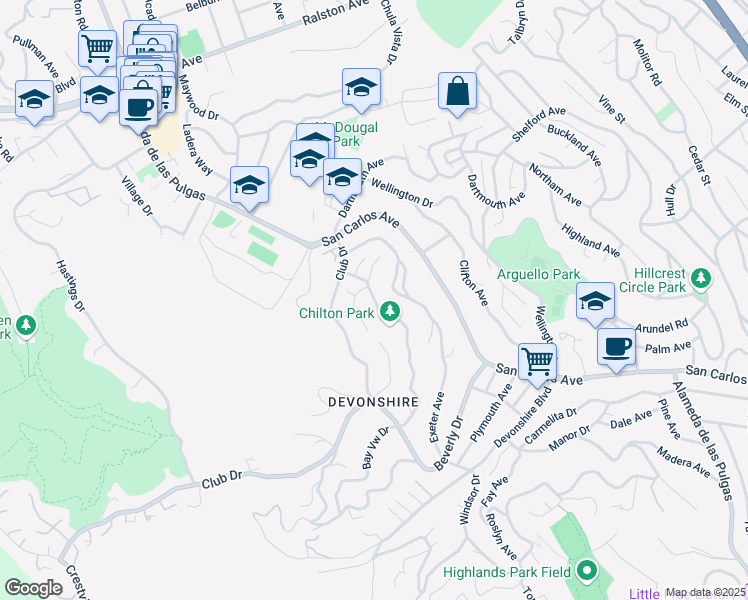 map of restaurants, bars, coffee shops, grocery stores, and more near 37 Sequoia Court in San Carlos