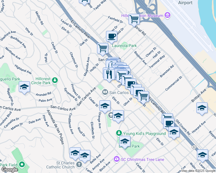 map of restaurants, bars, coffee shops, grocery stores, and more near 633 Elm Street in San Carlos