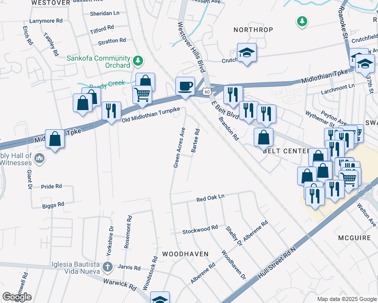 map of restaurants, bars, coffee shops, grocery stores, and more near 140 Bartee Road in Richmond