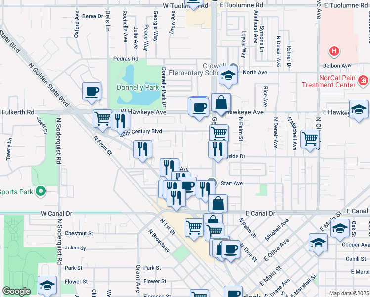 map of restaurants, bars, coffee shops, grocery stores, and more near 245 Almond Avenue in Turlock