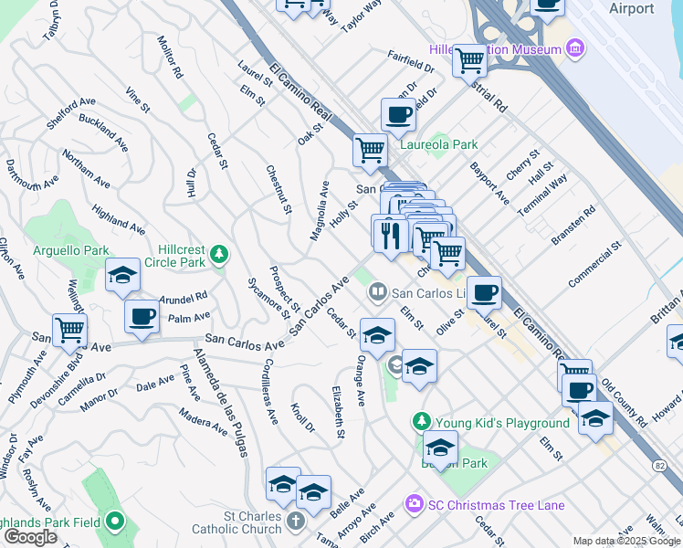 map of restaurants, bars, coffee shops, grocery stores, and more near 1441 San Carlos Avenue in San Carlos