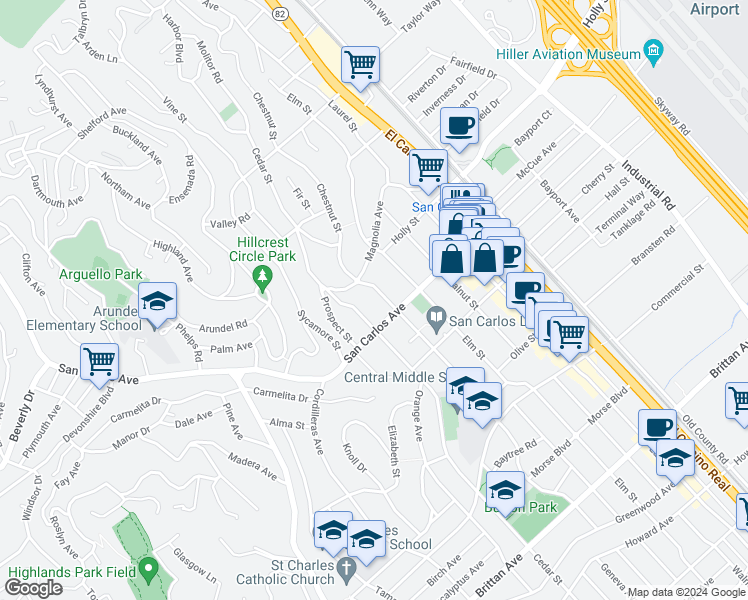 map of restaurants, bars, coffee shops, grocery stores, and more near 547 Cedar Street in San Carlos