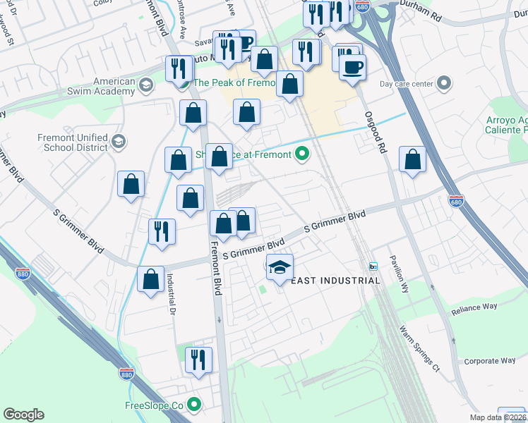 map of restaurants, bars, coffee shops, grocery stores, and more near 44601-44799 Old Warm Springs Boulevard in Fremont