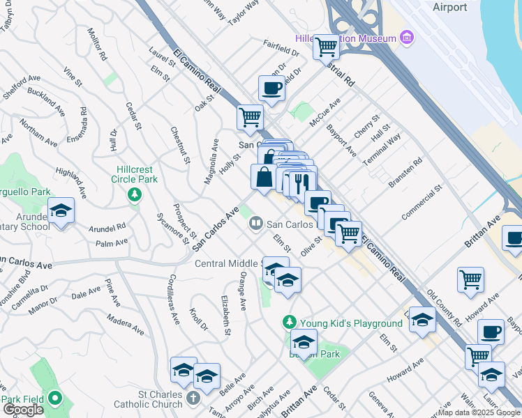 map of restaurants, bars, coffee shops, grocery stores, and more near 633 Elm Street in San Carlos