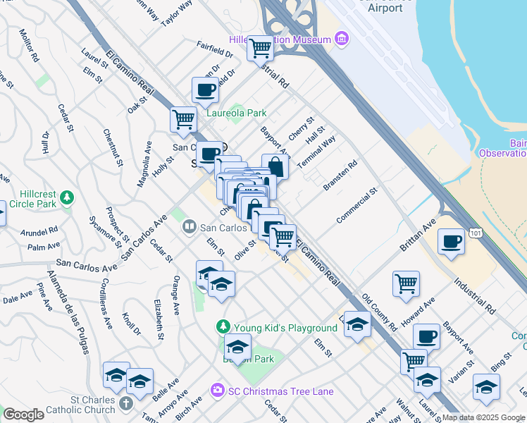 map of restaurants, bars, coffee shops, grocery stores, and more near 796 El Camino Real in San Carlos