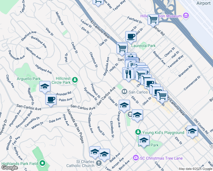 map of restaurants, bars, coffee shops, grocery stores, and more near 530 Chestnut Street in San Carlos