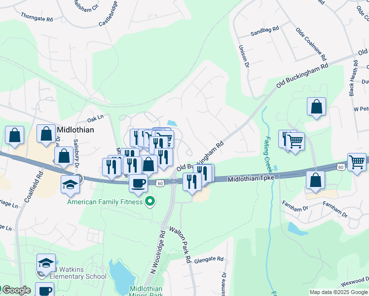 map of restaurants, bars, coffee shops, grocery stores, and more near 13000 East Coal Hopper Lane in Midlothian