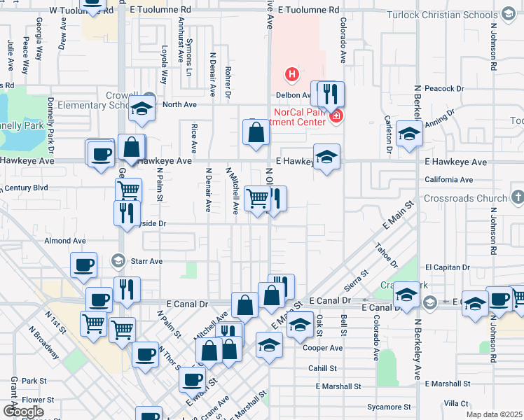 map of restaurants, bars, coffee shops, grocery stores, and more near 755 Wayside Drive in Turlock