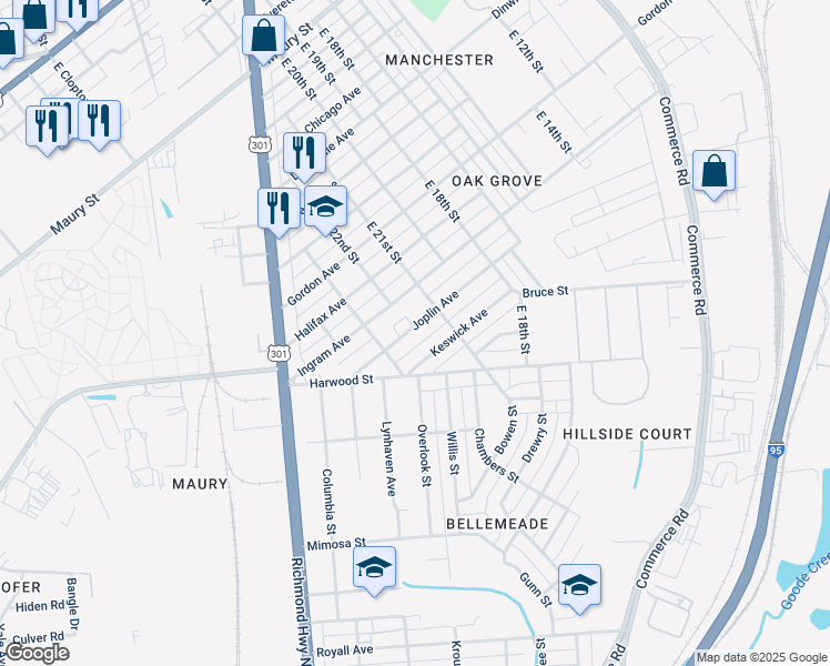 map of restaurants, bars, coffee shops, grocery stores, and more near 2200 Joplin Avenue in Richmond