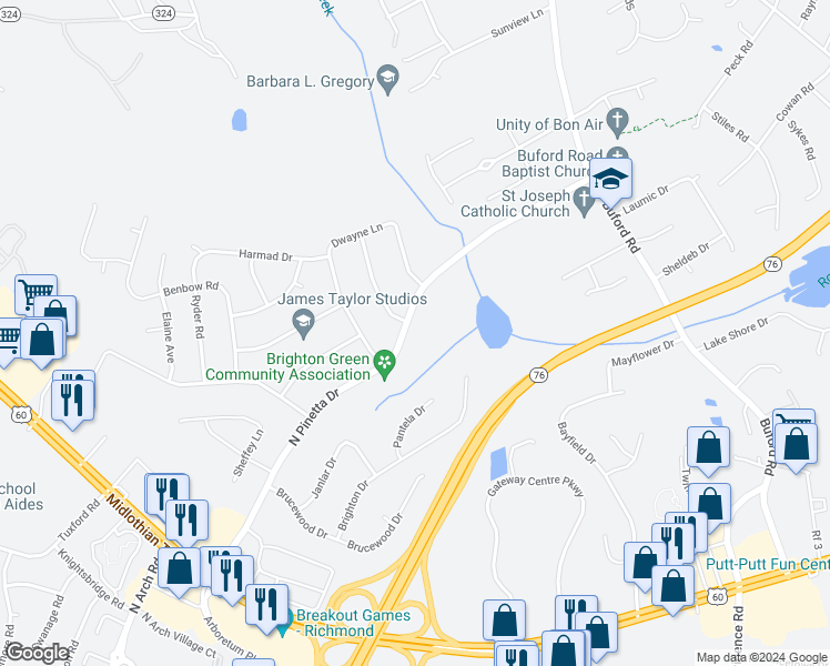 map of restaurants, bars, coffee shops, grocery stores, and more near 649 North Pinetta Drive in Richmond