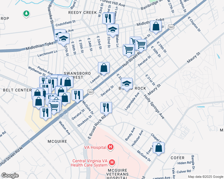 map of restaurants, bars, coffee shops, grocery stores, and more near 3414 Decatur Street in Richmond
