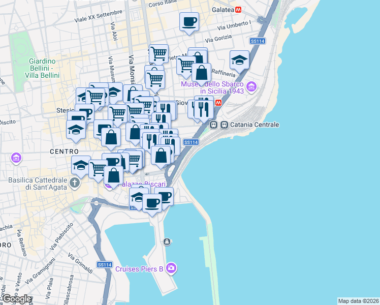 map of restaurants, bars, coffee shops, grocery stores, and more near 1217 Passeggiata alla Marina in Catania