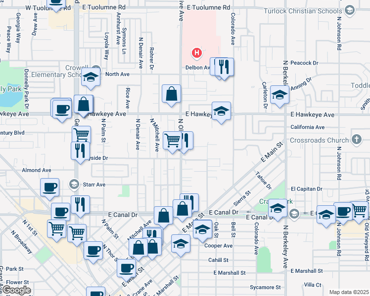 map of restaurants, bars, coffee shops, grocery stores, and more near 1260 North Olive Avenue in Turlock