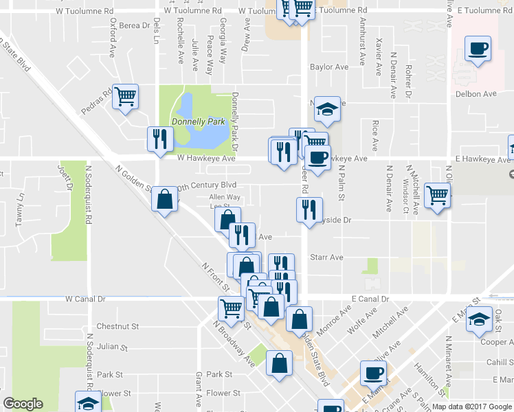 map of restaurants, bars, coffee shops, grocery stores, and more near 152 20th Century Boulevard in Turlock