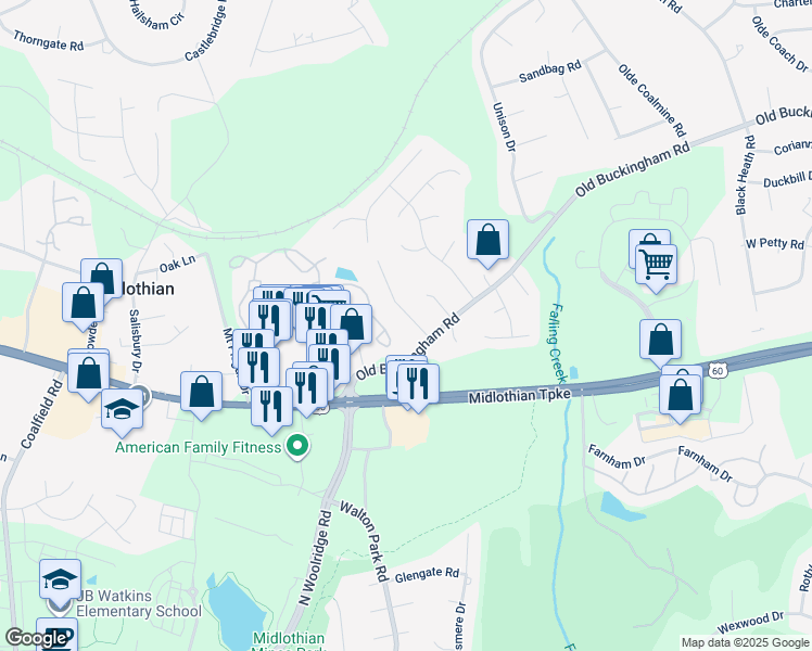 map of restaurants, bars, coffee shops, grocery stores, and more near 13000 East Coal Hopper Lane in Midlothian