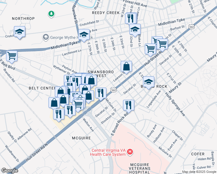map of restaurants, bars, coffee shops, grocery stores, and more near 3735 Hull Street in Richmond