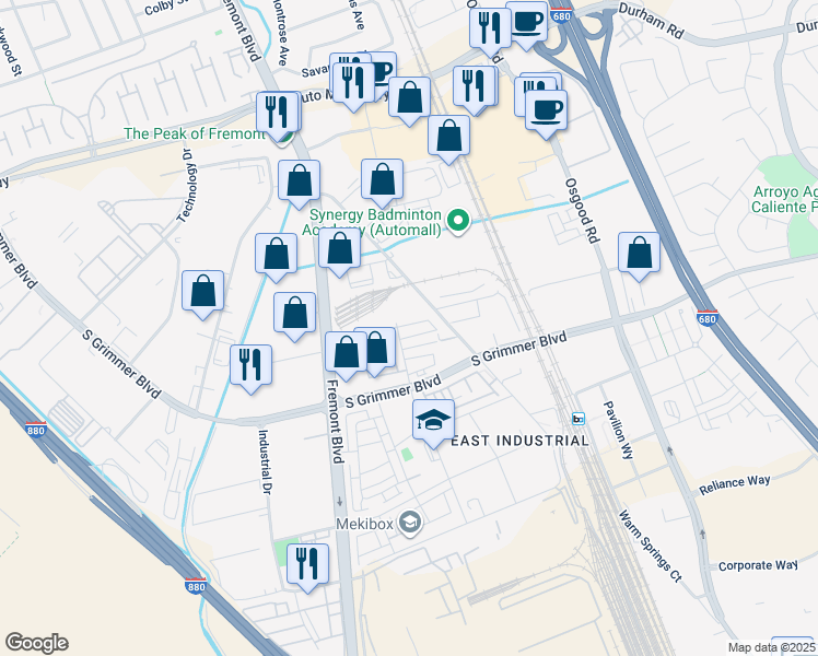 map of restaurants, bars, coffee shops, grocery stores, and more near 3470 Router Cmn in Fremont