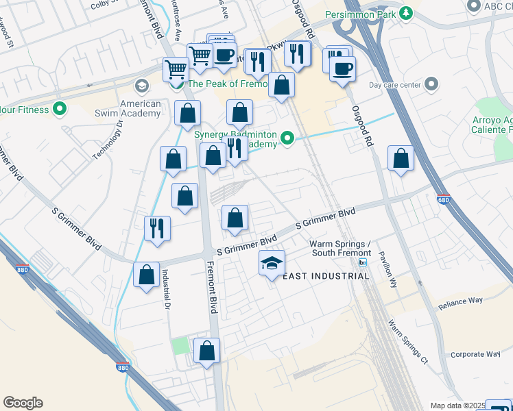 map of restaurants, bars, coffee shops, grocery stores, and more near 3470 Router Cmn in Fremont