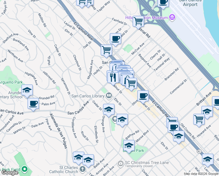 map of restaurants, bars, coffee shops, grocery stores, and more near in San Carlos